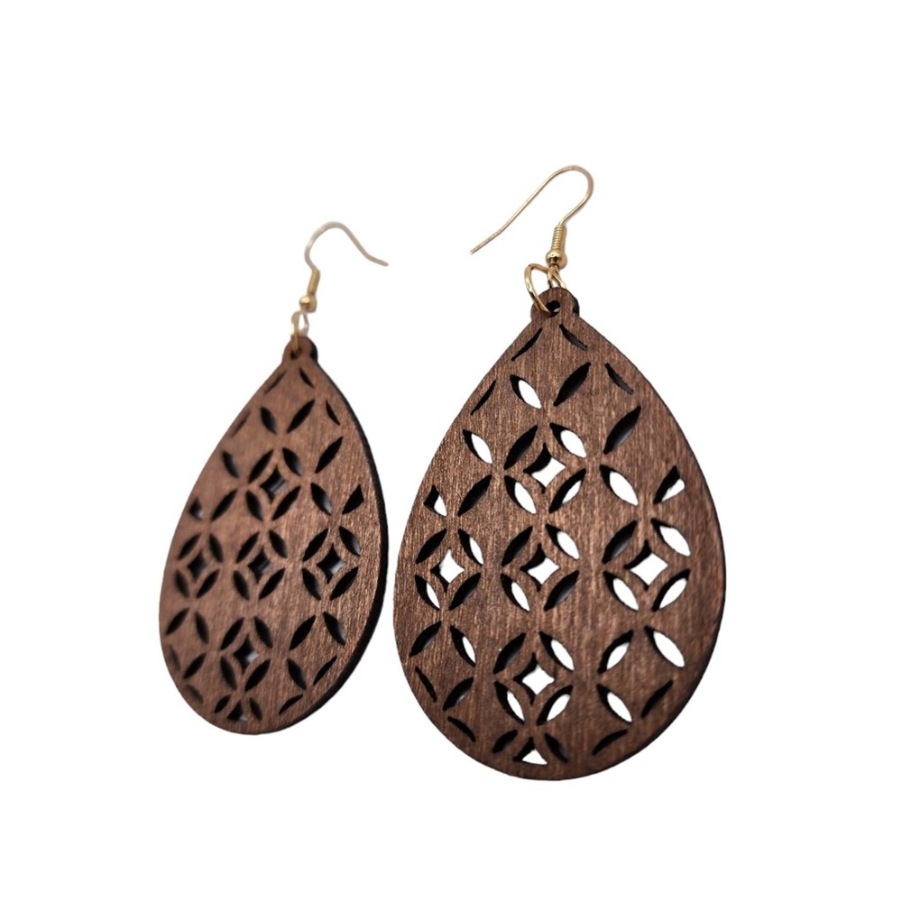 Hollow Boho Wood Earrings Bohemian Dangle Style Ear Jewelry Brown - Picture 2 of 3